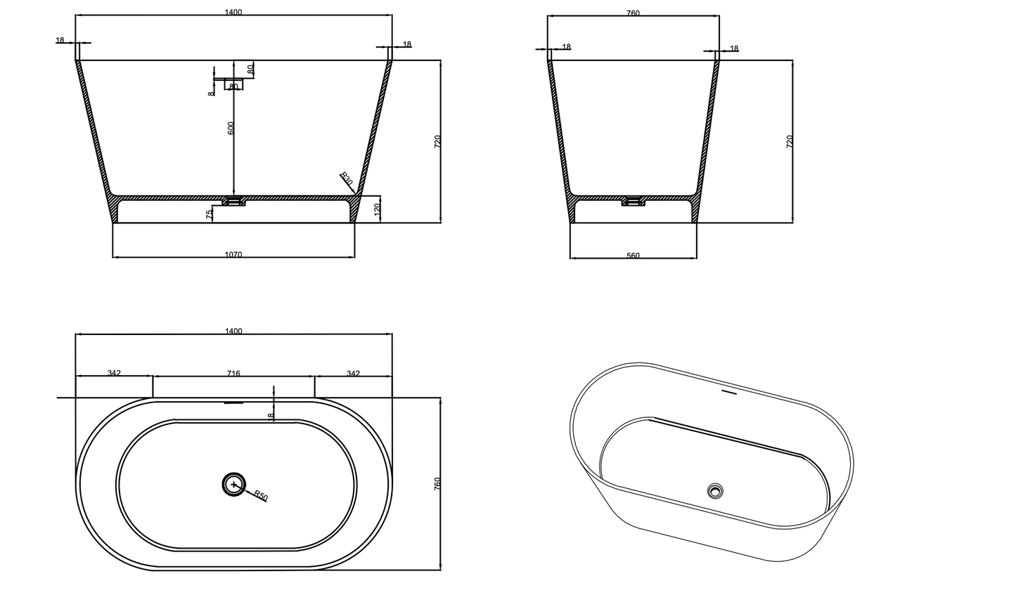 Barcelona Deep Soak Bath - 1400mm - Matte White